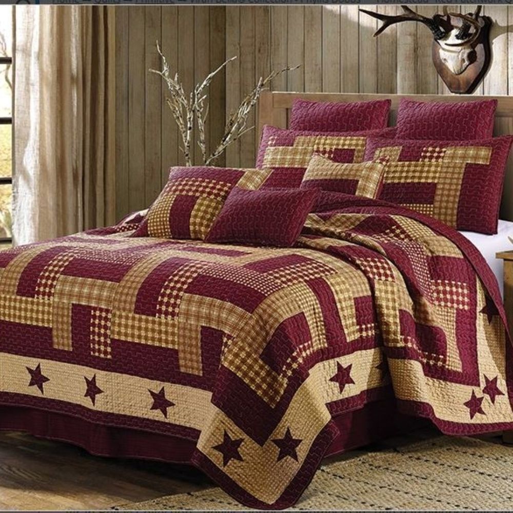 Farmhouse Burgundy Star Country Printed Queen Quilt Set Primitive Cottagecore